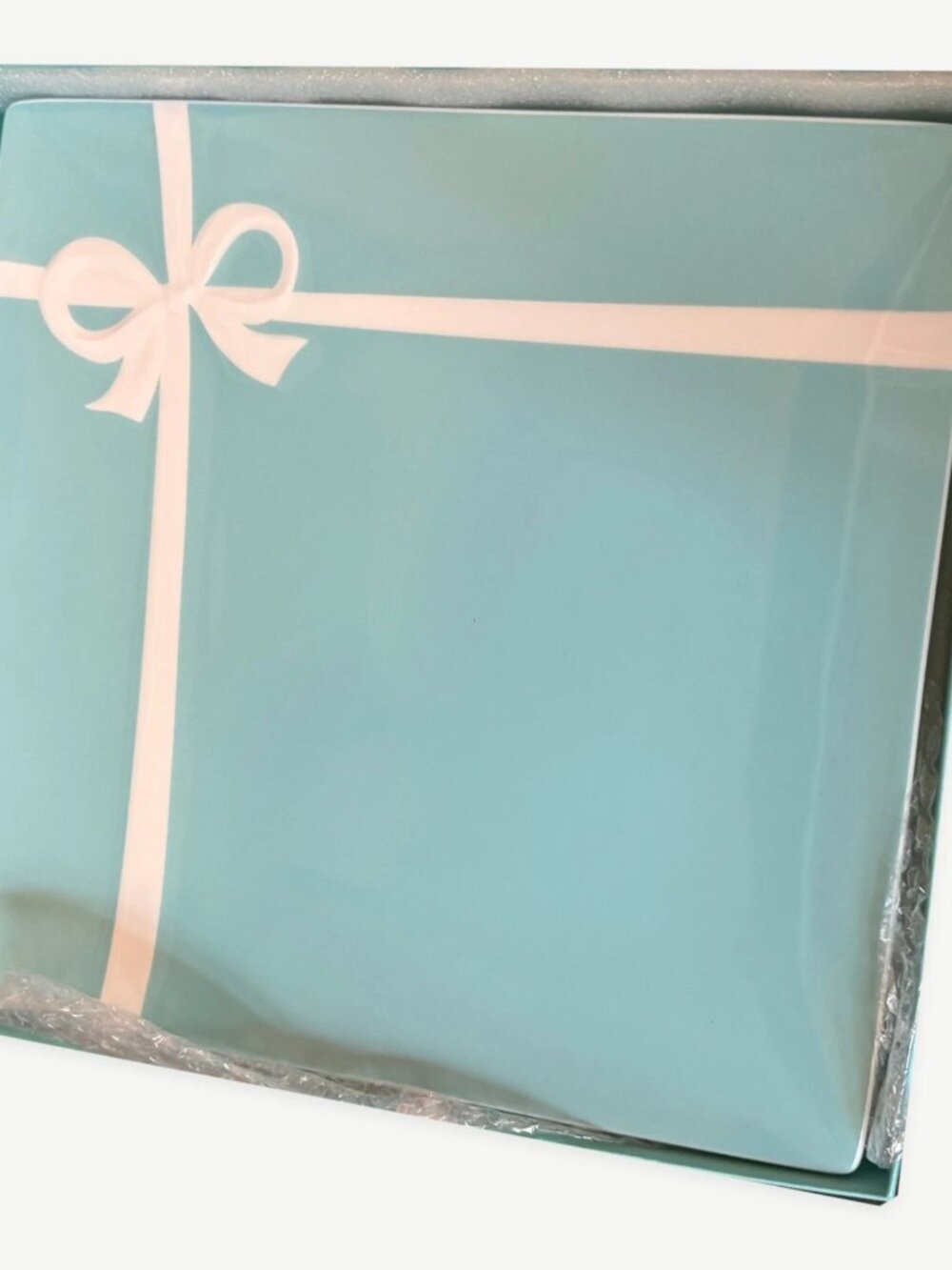 Tiffany & Co. Blue Ribbon Bow Square Plate 9.5 in with Box, Mint